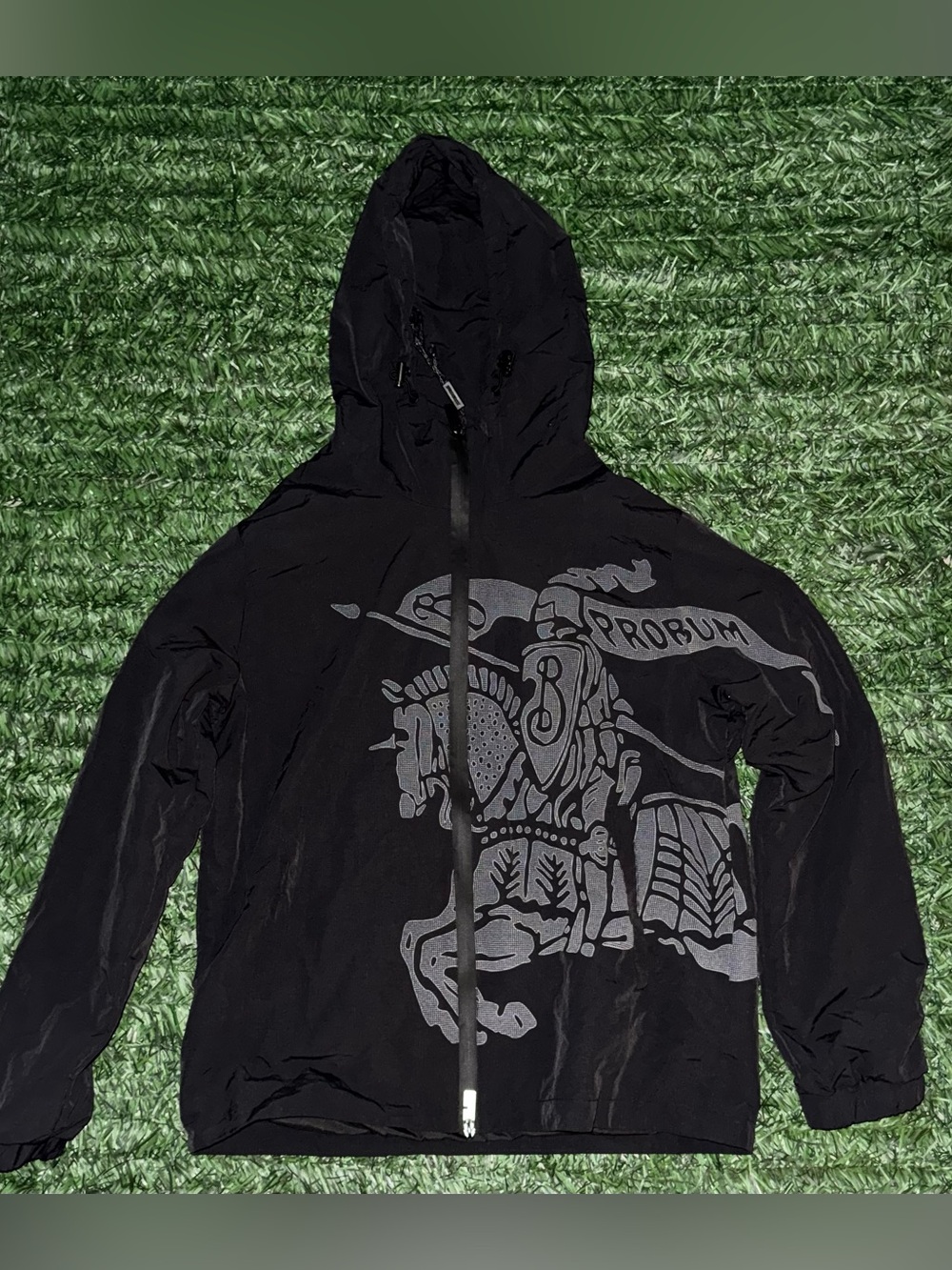 Burberry Black Hooded Windbreaker with Gray Graphic